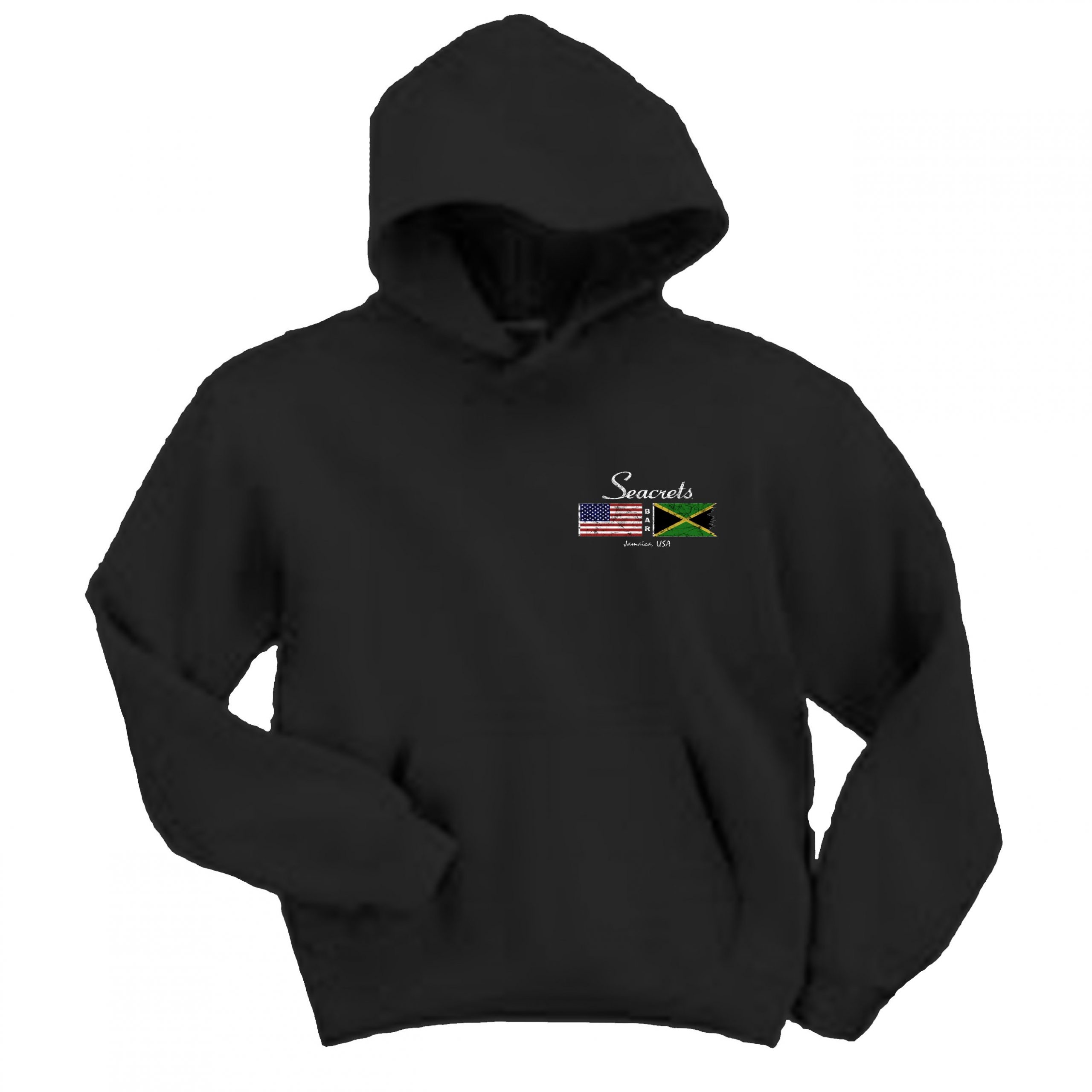 a black hoodie with an american flag on it
