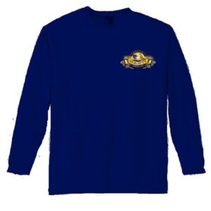 a blue long sleeved shirt with a gold fish on it