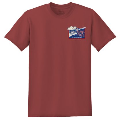 a red t - shirt with a picture of a mountain