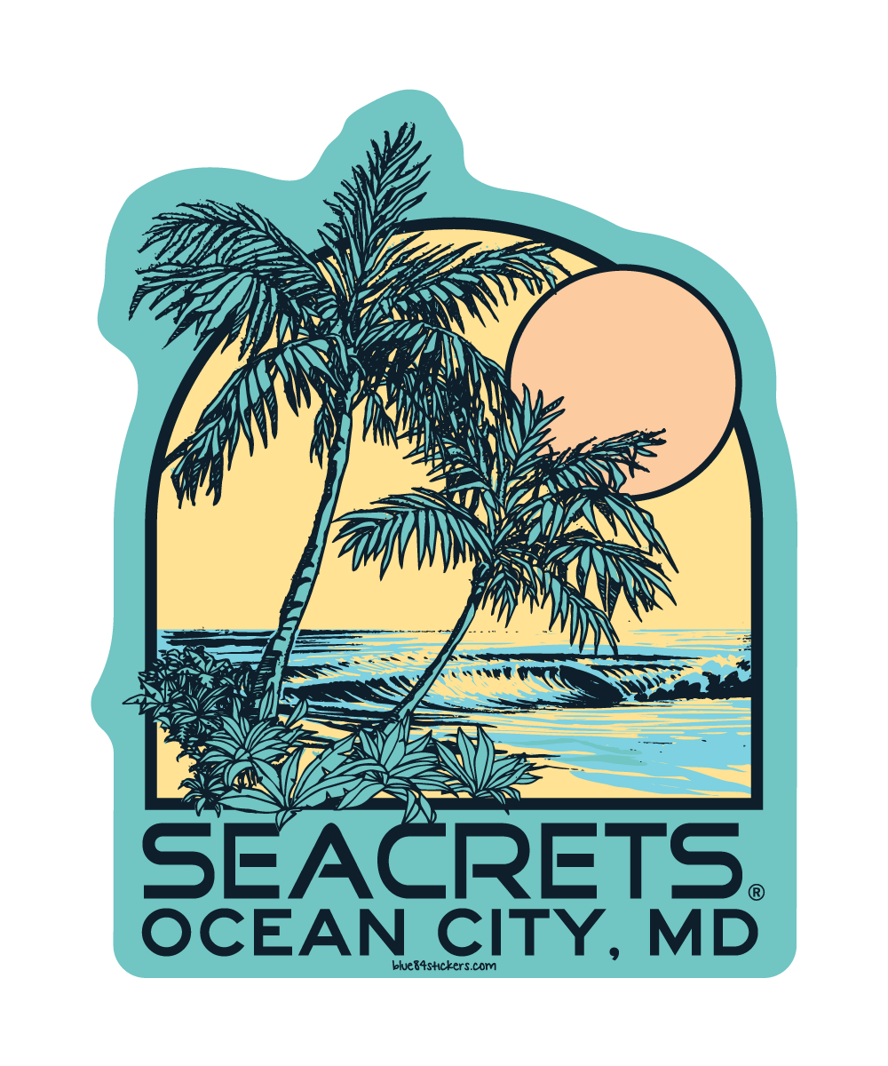 a sticker of a palm tree and the ocean