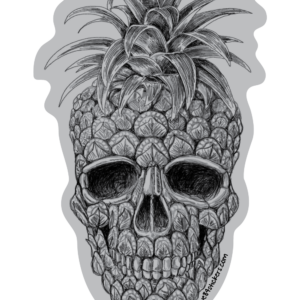 a sticker of a skull with a pineapple on it