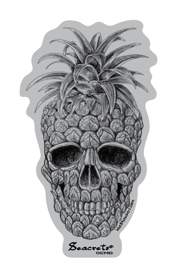 a sticker of a skull with a pineapple on it