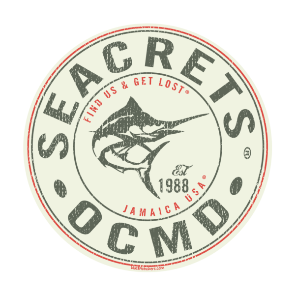 a white and red seal with a fish on it