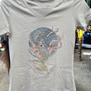 a white t - shirt with a picture of a mermaid on it