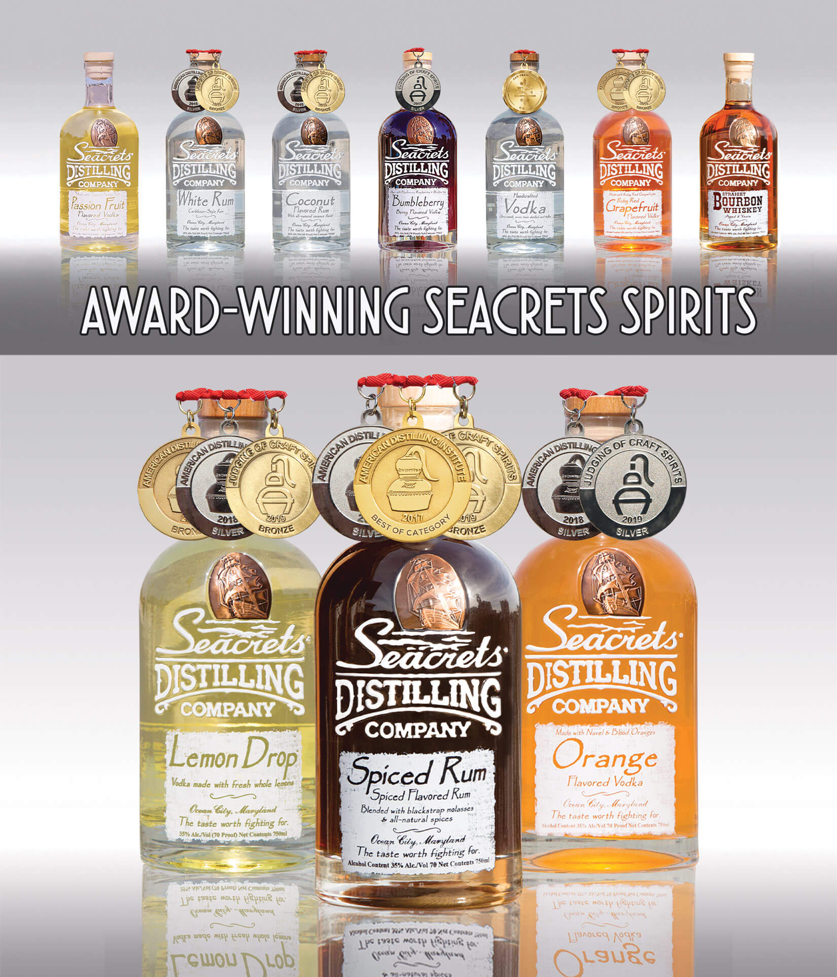 a group of bottles of different types of spirits
