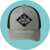 a gray and black hat with a black and white logo