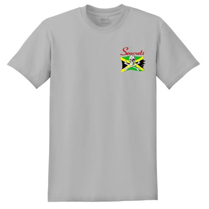 a grey t - shirt with a jamaica flag on it