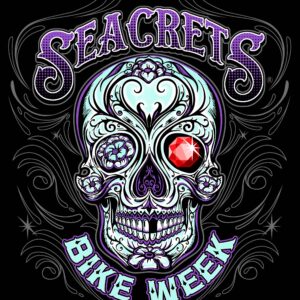 a skull with a red eye and the words seacrets bike week
