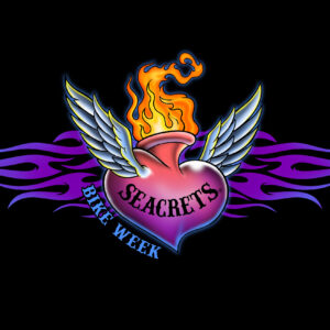 a heart with wings and flames on a black background