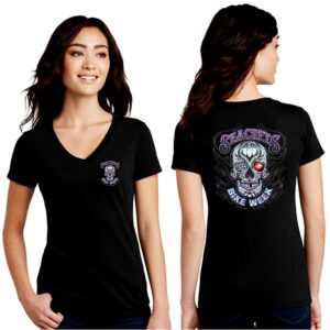 a woman wearing a black shirt with a skull on it