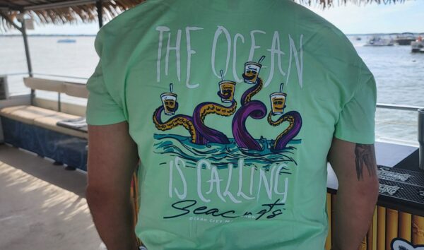 a man wearing a t - shirt that says the ocean is calling