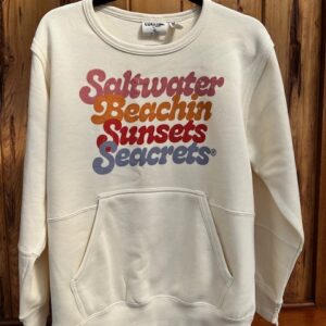 a white sweatshirt with a logo on it