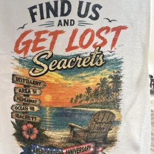 a white t - shirt with a picture of a beach scene on it