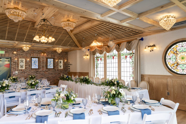 a banquet room set up for a formal function