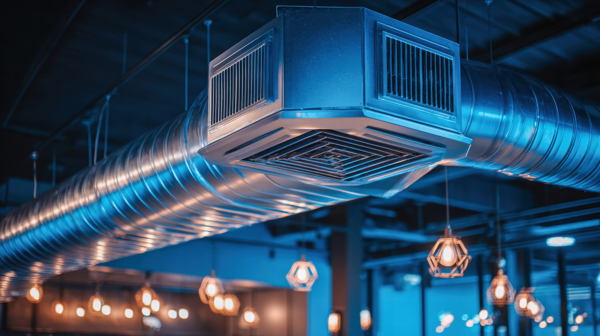 a room with a lot of lights hanging from the ceiling