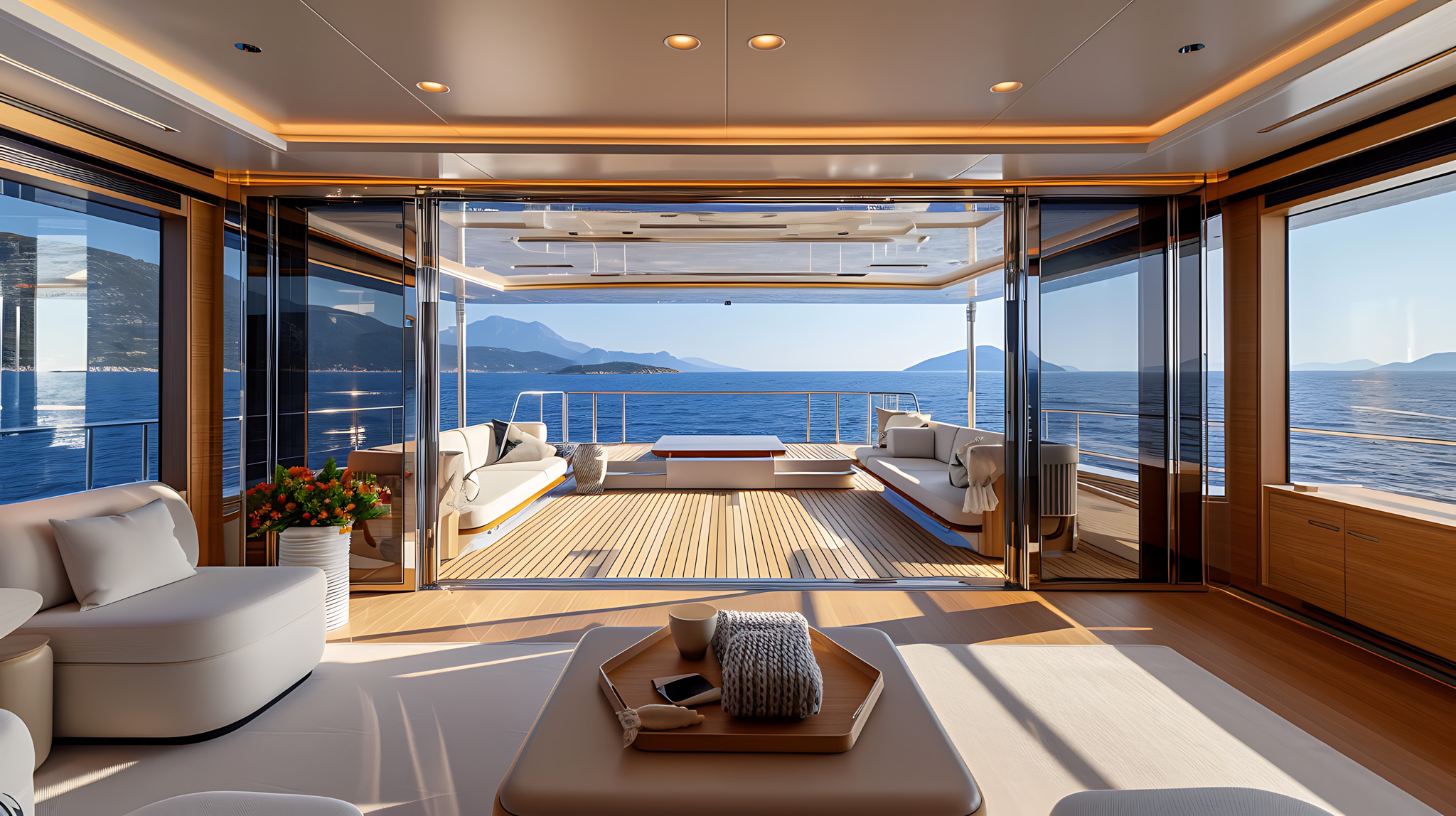 a yacht living room with a view of the ocean