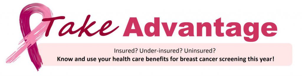pink ribbon with text 'Take Advantage....know your breast cancer screening benefits"
