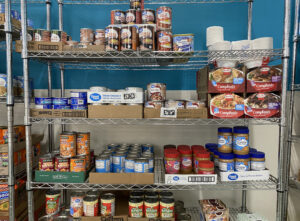 a shelf filled with lots of food items