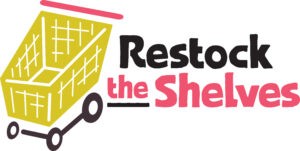 a logo with a cart of boxes and the words restock the shelves