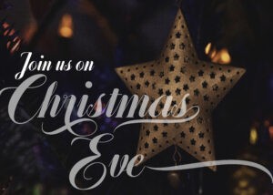 a star hanging from a christmas tree with the words join us on christmas eve