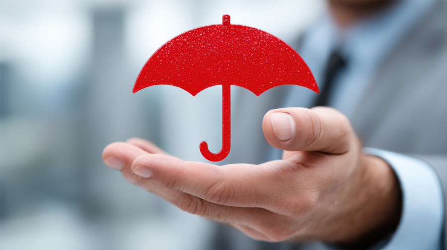 a man holding a red umbrella in his hand