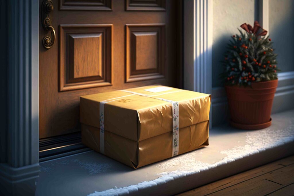 Holiday gift delivery concept with parcel box near front door.