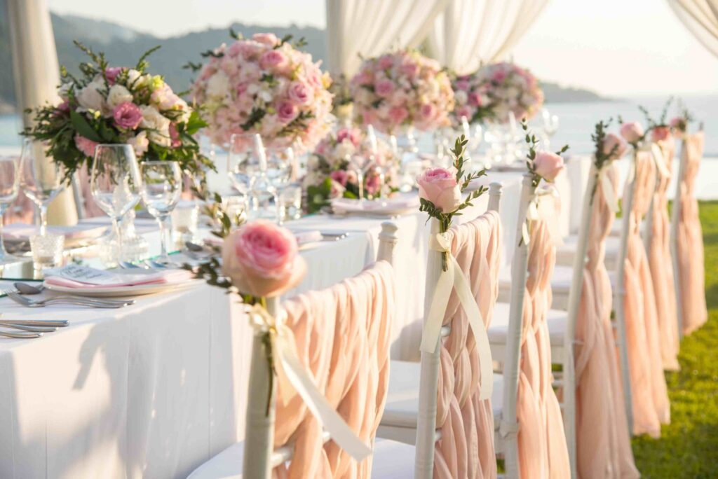 Table setting at a luxury wedding and Beautiful flowers on the table.
