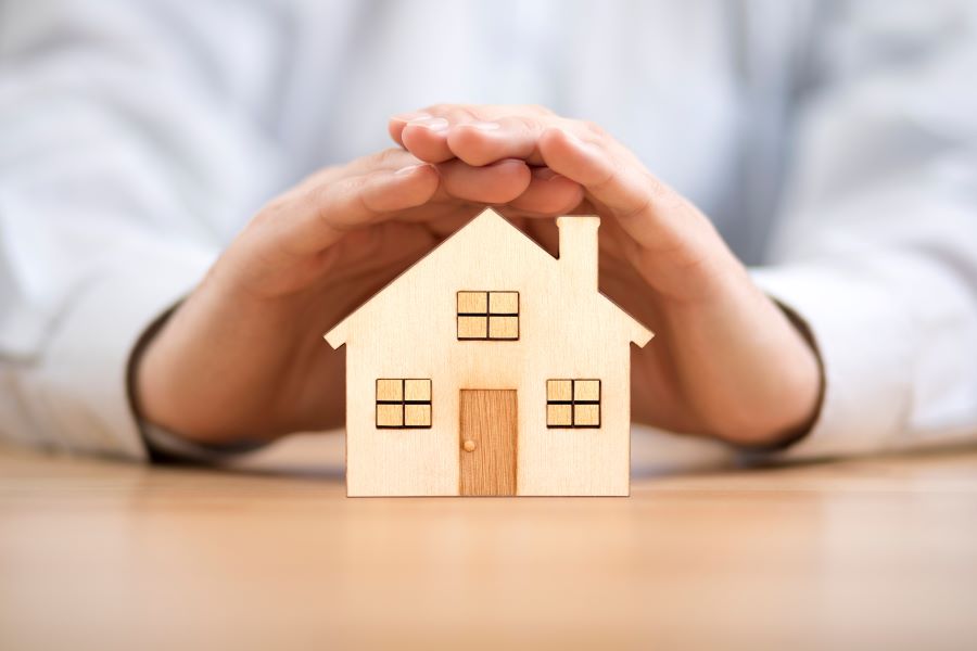a person holding a small wooden house in their hands