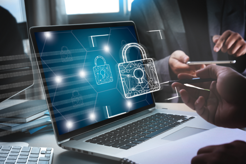 Laptop with animated cyber lock coming out of the screen