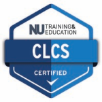 a blue and white badge with the words clcs