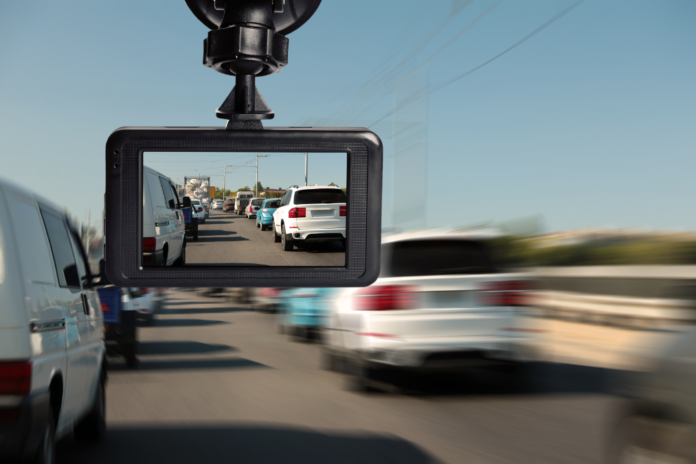 Dash cam showing traffic on the road ahead