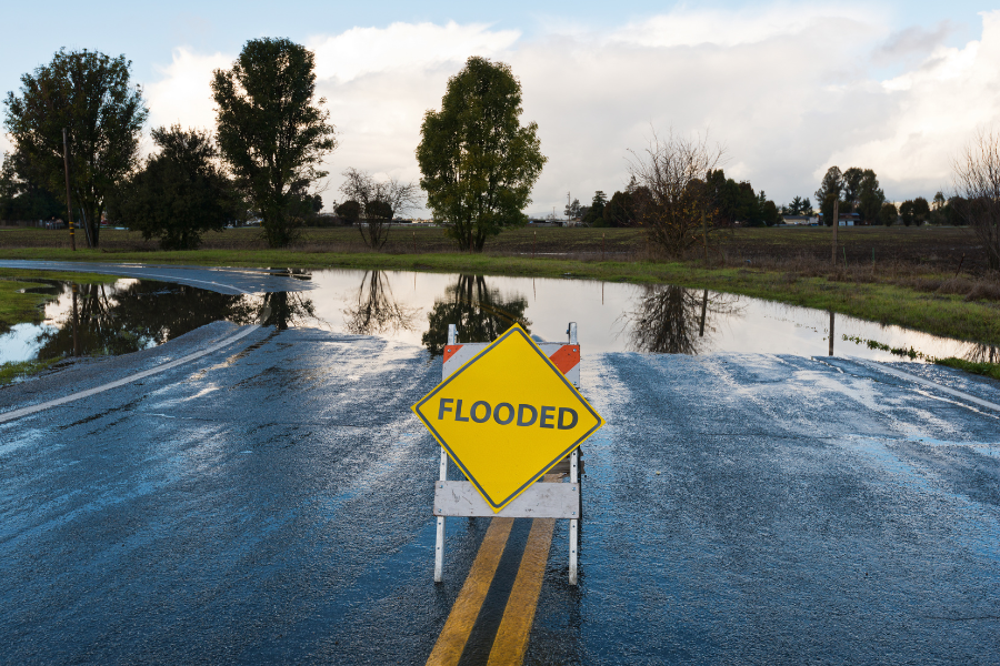 Flooded road blocked off