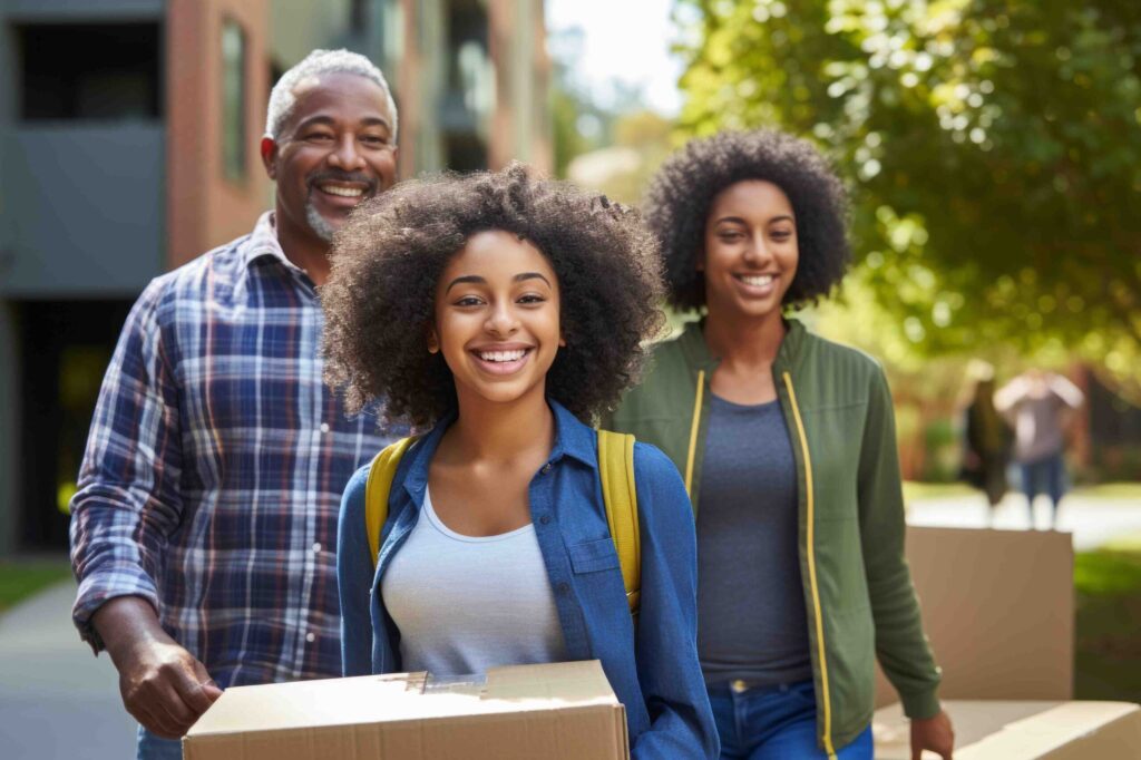 parents with college student moving into dorm