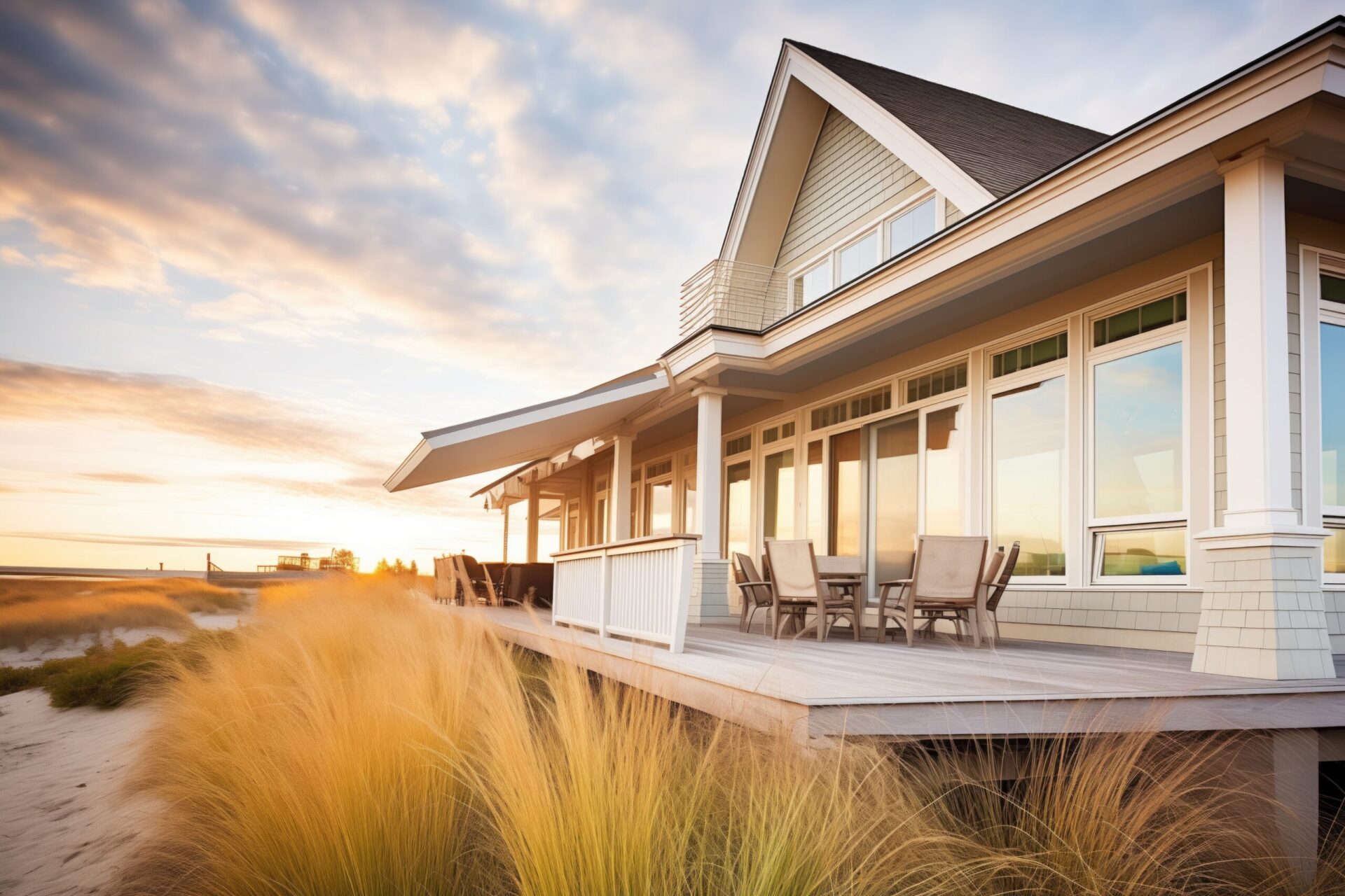 a house on a beach with a sunset in the background