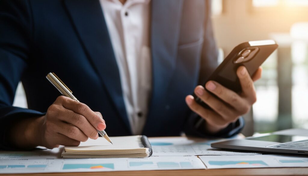 Person looking at phone and writing in calendar