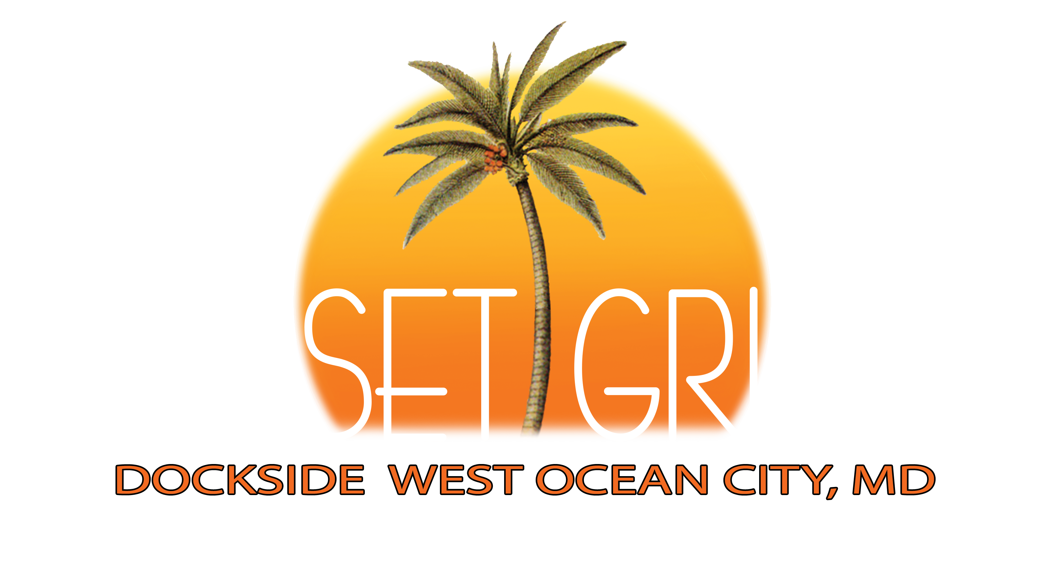 Sunset Grille logo with a plam tree in the middle