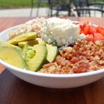 bowl of turkey tomatoes bacon avocado and pile of cheese