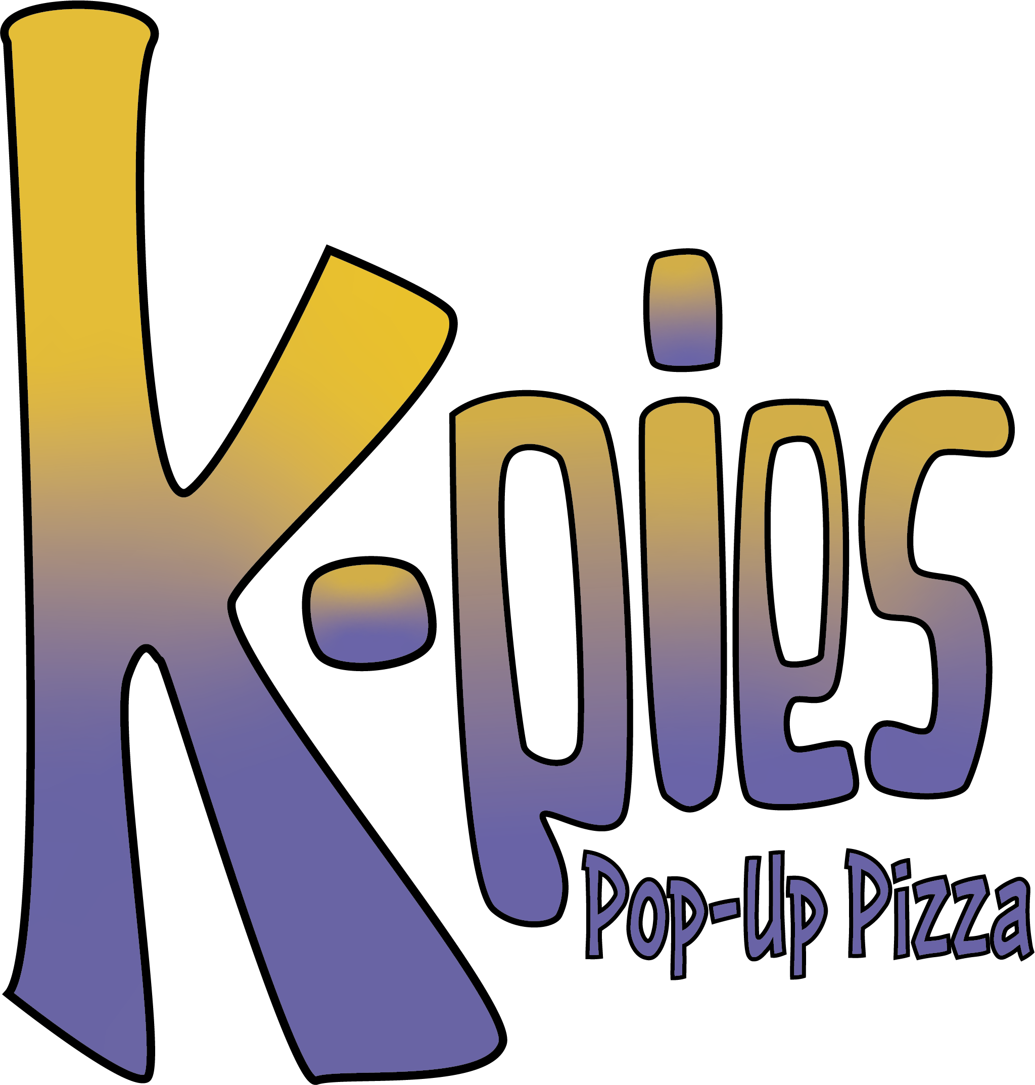 Logo for “K-Pies Pop-Up Pizza.” The text is stylized with a large, playful “K” leading into the word “pies,” written in a funky rounded font. The colors blend in a gradient from golden yellow at the top to purple at the bottom. Beneath “pies,” smaller text reads “Pop-Up Pizza.” The background is black, making the gradient lettering stand out.