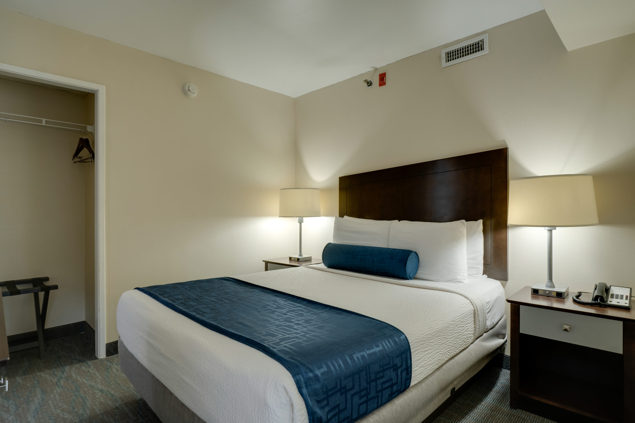hotel room with king bed