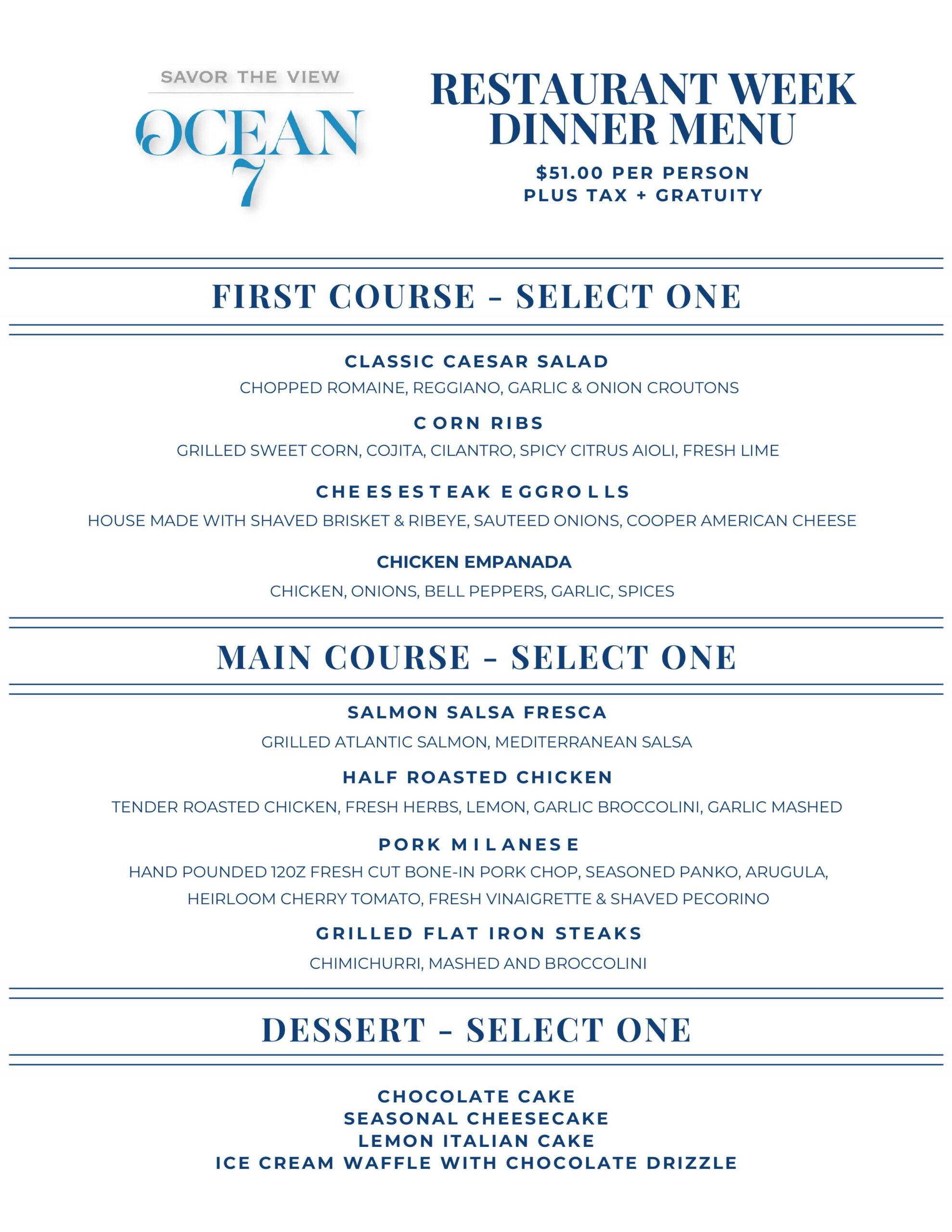 a menu for a restaurant with blue lettering