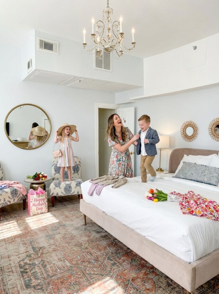 a couple of kids standing in a bedroom next to a bed