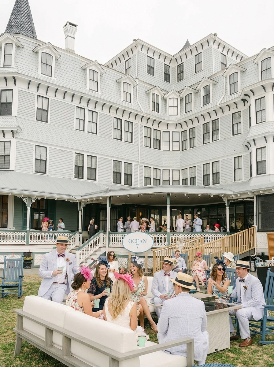 a group of people sitting outside of a large building