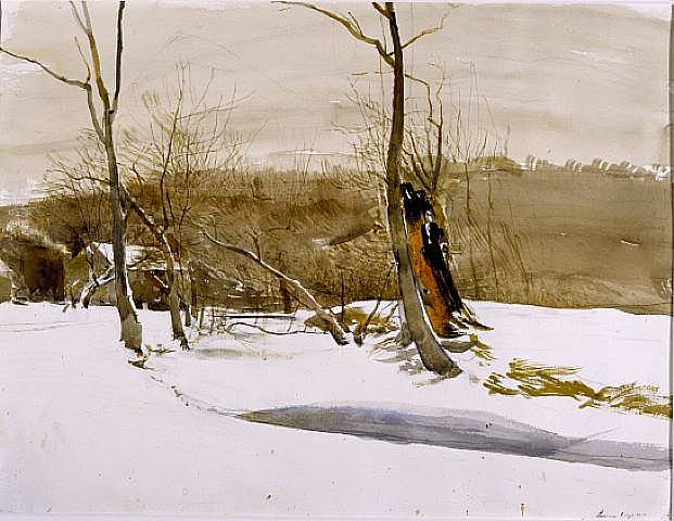 a painting of a snowy landscape with trees