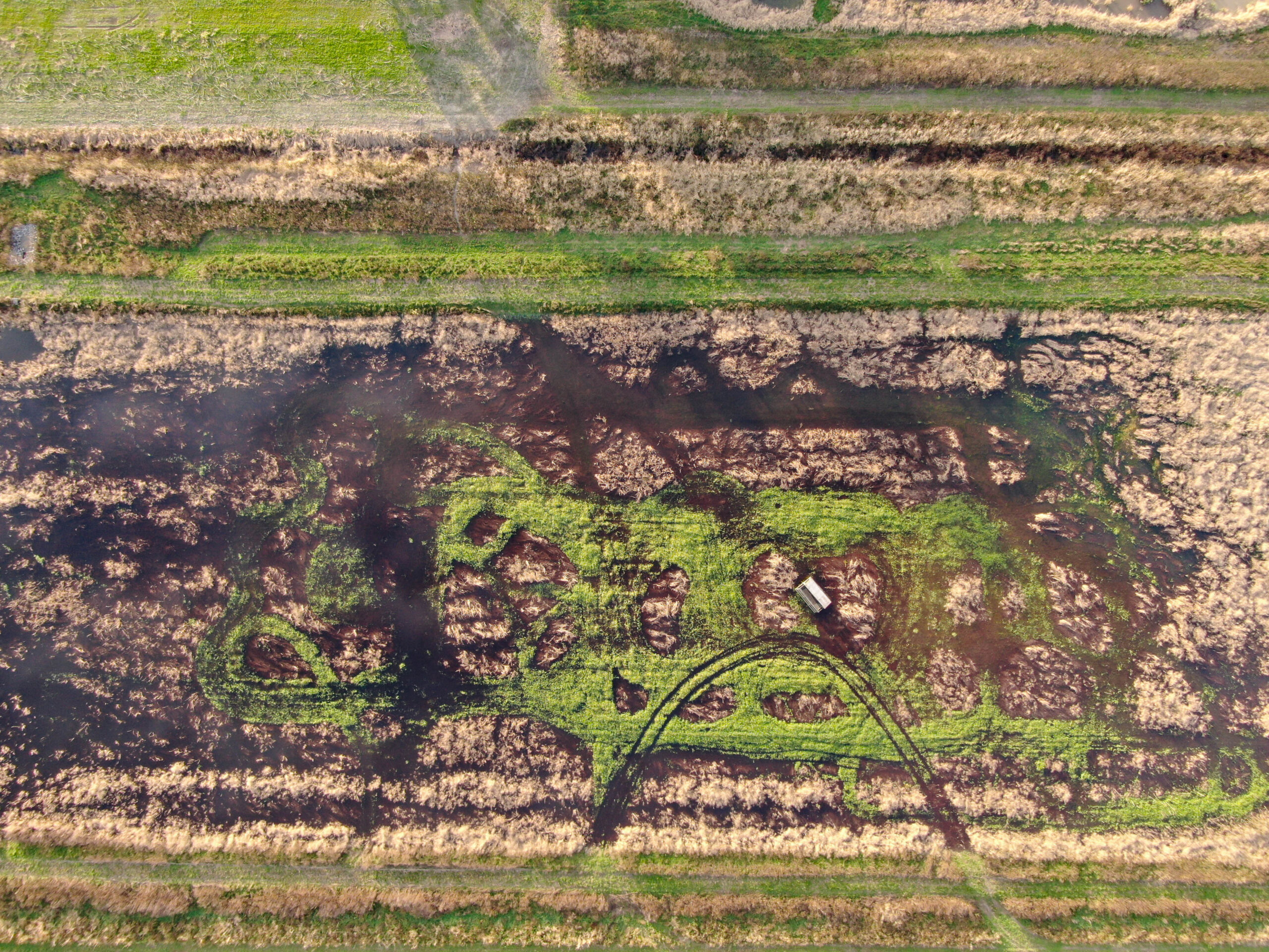 an aerial view of a farm land with a tractor in the middle of it