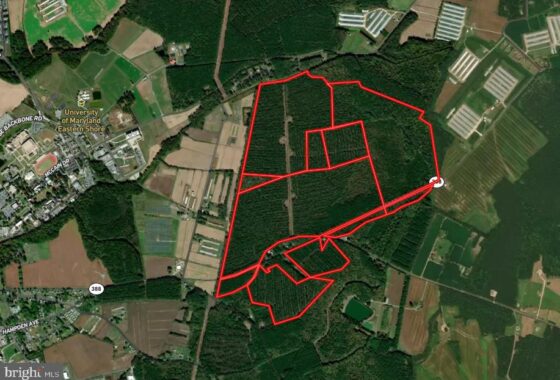 an aerial view of a red area in the middle of a green area