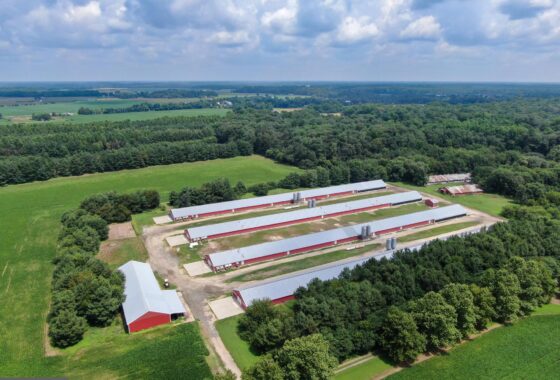 an aerial view of a farm with a barn and a lot of trees