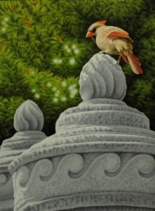 painting of cardinal standing on cement column