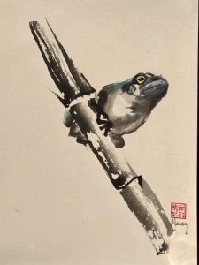 2021 Benefit Auction Item Original Sumi E Painting Of A Frog On Bamboo By Nancy West