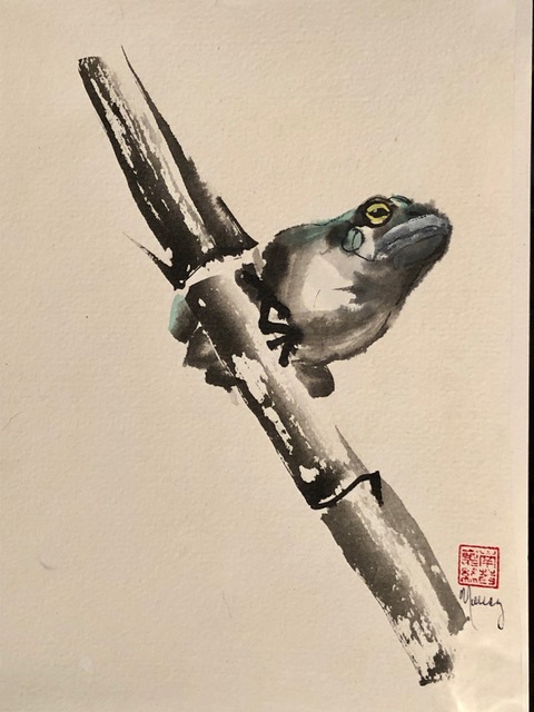 2021 Benefit Auction Item Original Sumi E Painting Of A Frog On Bamboo By Nancy West