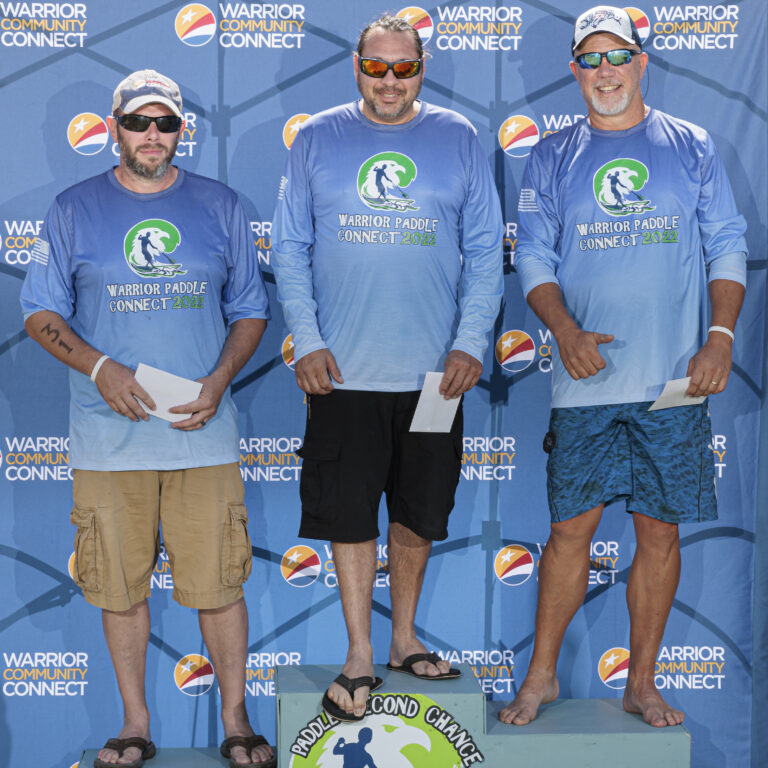 three men in blue shirts standing on a podium
